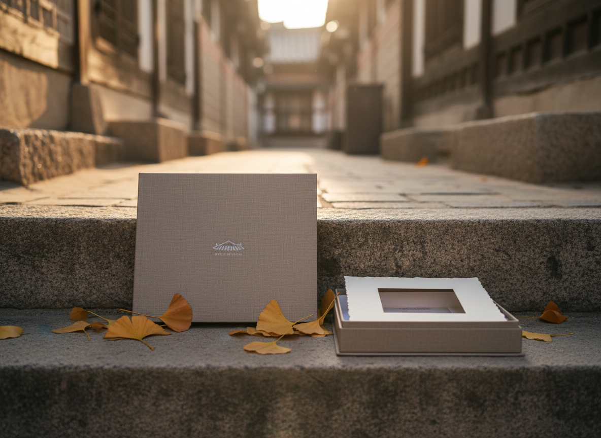A weathered stone step in a quiet Jeonju alleyway, where a single, carefully framed portrait sample sits: a high-quality, matte-finish photo album closed, with a subtly embossed logo on its linen cover and a matching, slightly open print box beside it revealing the edge of a thick, fine-art print paper. Fallen gingko leaves in warm yellows and soft browns are scattered naturally around, hinting at autumn. The low, slanting golden hour light creates a warm, nostalgic glow, highlighting the textures of linen, paper, and stone while casting long, gentle shadows. Photographic realism with a close-up, low-angle composition and softly blurred background architecture creates an intimate, serene atmosphere that reflects timeless, professional snap photography services.