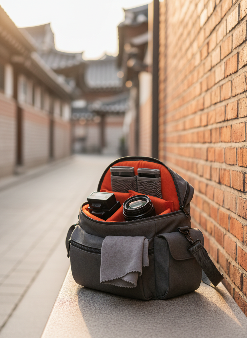 A stylish camera bag partially unzipped on a smooth stone bench in a quiet urban alley of Jeonju, its compartments revealing neatly organized portrait photography equipment: a fast prime lens with a subtle metallic sheen, a compact flash unit, color-neutral filters in soft cases, and a small grey microfiber cloth draped casually over the edge. The textured brick walls and distant hanok-style rooflines blur into a creamy bokeh. Late afternoon golden hour sunlight grazes the scene from the right, creating warm highlights on zippers and lens glass while casting elongated, gentle shadows. Shot in photographic realism from a low, three-quarter angle, emphasizing depth and inviting viewers into the world of on-the-go, professional snap photography, calm and ready for the next session.