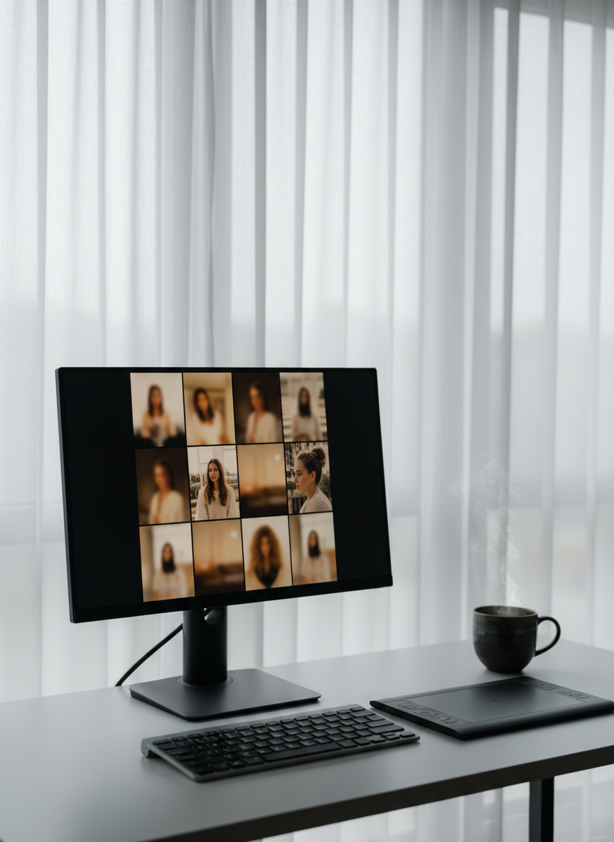 A minimalist, high-end photography workstation set up for editing portrait snaps, featuring a slim, black monitor displaying a softly blurred thumbnail grid of warm-toned images. The sleek aluminum keyboard and wireless pen tablet rest on a matte white desk surface, with a single dark ceramic cup of tea leaving a faint ring of steam in the cool air. Behind, a large window with sheer curtains lets in diffused overcast light that washes the space in a neutral, balanced glow. Photographic realism at eye level with a slightly off-center composition, clean lines, and sharp focus throughout create a professional, contemplative atmosphere that suggests careful retouching and attention to detail without showing any people.