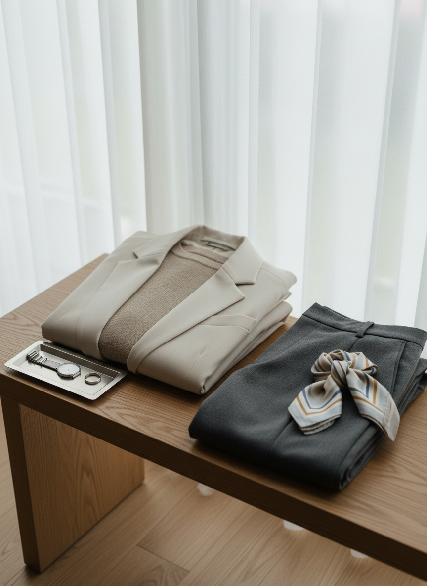 An elegant, folded outfit carefully prepared for a portrait session, laid out on a natural oak bench: a crisp, neutral-toned blazer, a simple textured knit top, and well-pressed, soft-fabric trousers in muted colors, accompanied by a small, minimal jewelry tray holding a single silver watch and slender ring. A subtle, folded silk scarf adds a hint of color and sophistication. The bench is placed near a large window with soft, diffused morning light filtering through sheer curtains, illuminating fabric textures and creating delicate shadows in the folds. Captured in photographic realism from a slightly elevated angle with a gentle, shallow depth of field, the mood is refined, calm, and thoughtfully styled, evoking professional portrait preparation without any human presence.