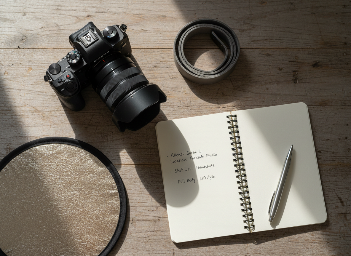 A meticulously arranged flat lay of a professional portrait photographer’s tools for on-location snaps, all carefully placed on a weathered wooden table. A high-end mirrorless camera with a portrait lens, a sleek black lens hood, a soft grey leather camera strap, and a folded, textured beige reflector fill the frame. Next to them lies an open notebook with neat handwritten shot lists and a simple silver pen. Soft window light from the left creates a gentle gradient of brightness, subtle shadows, and a calm, focused atmosphere. Captured in photographic realism from a directly overhead perspective, with a clean, shallow depth of field that keeps the gear sharp while the wood grain falls off into a slight blur, conveying quiet professionalism and preparation.