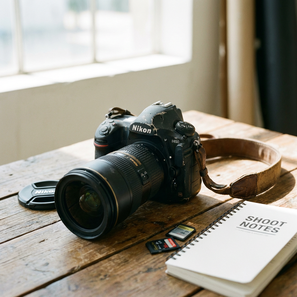 Nikon D850 camera with lens, strap, memory cards, and a SHOOT NOTES notebook on wood.